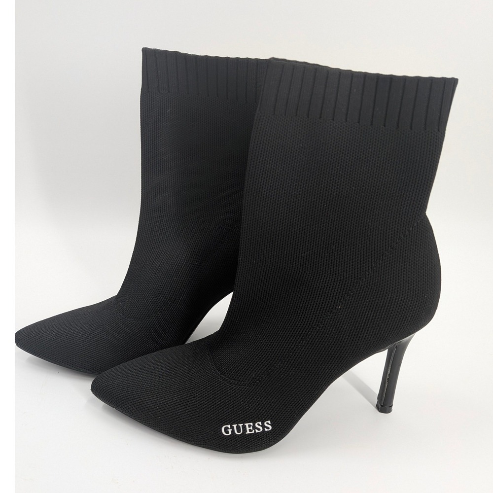 Guess Tear-SS Black Knit Sock Ankle Boots Pointed Toe Stiletto Logo‎ 9.5M